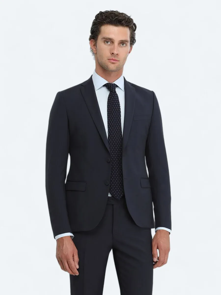 Navy Blue Plain Slim Fit Wool Blended Suit - 1