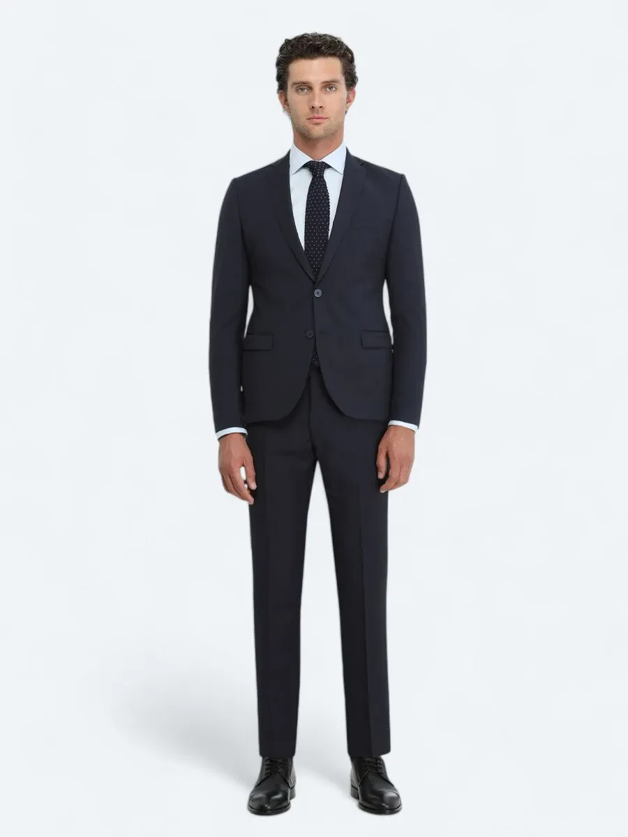 Navy Blue Plain Slim Fit Wool Blended Suit - 2