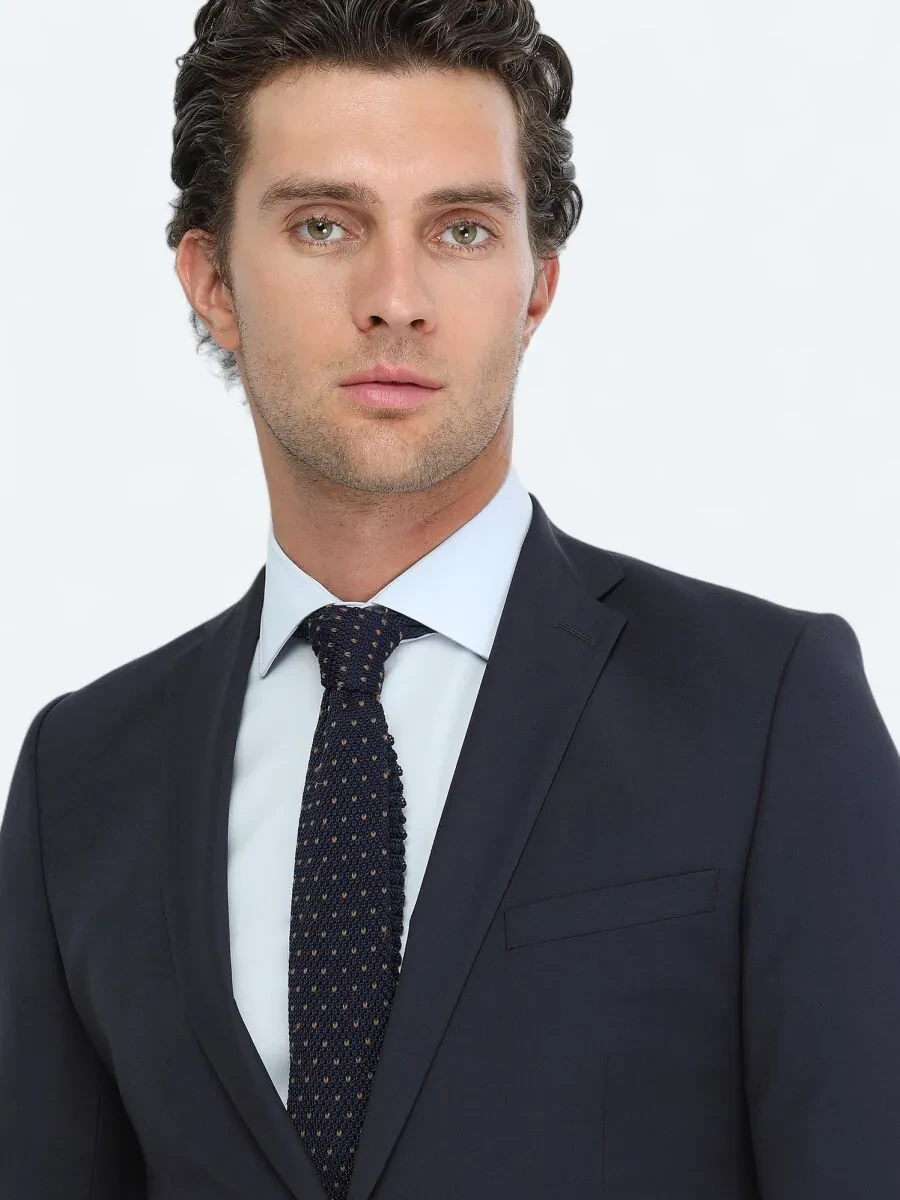 Navy Blue Plain Slim Fit Wool Blended Suit - 3