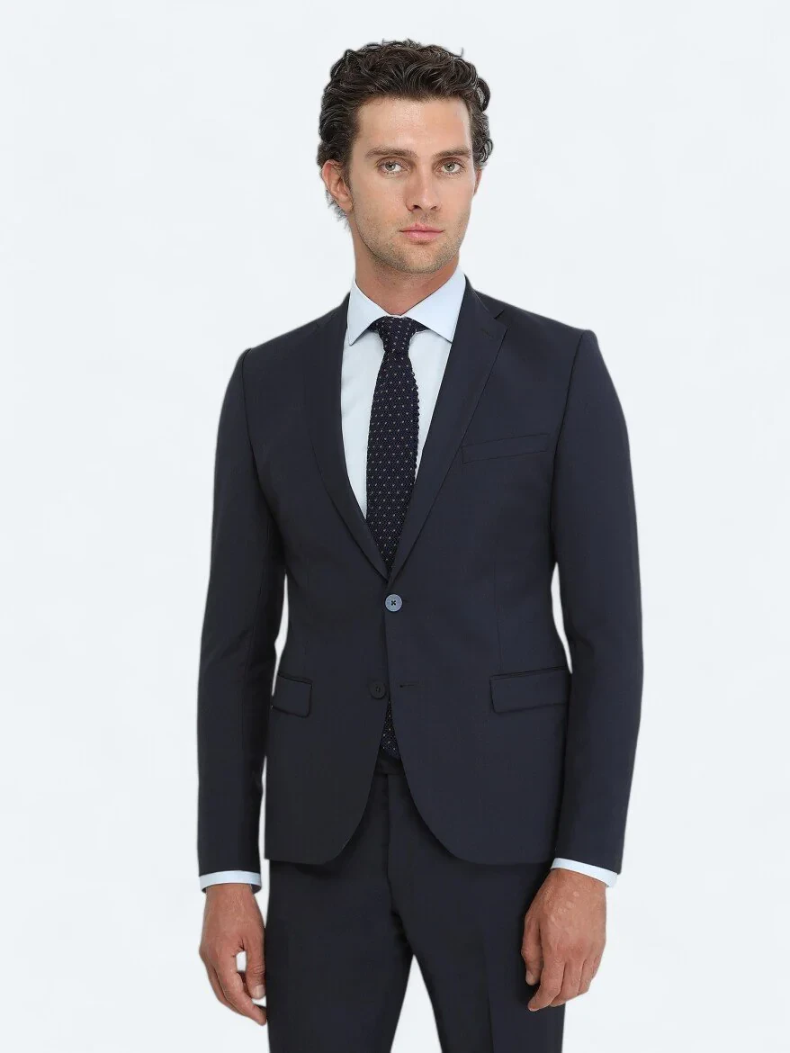 Navy Blue Plain Slim Fit Wool Blended Suit - 4