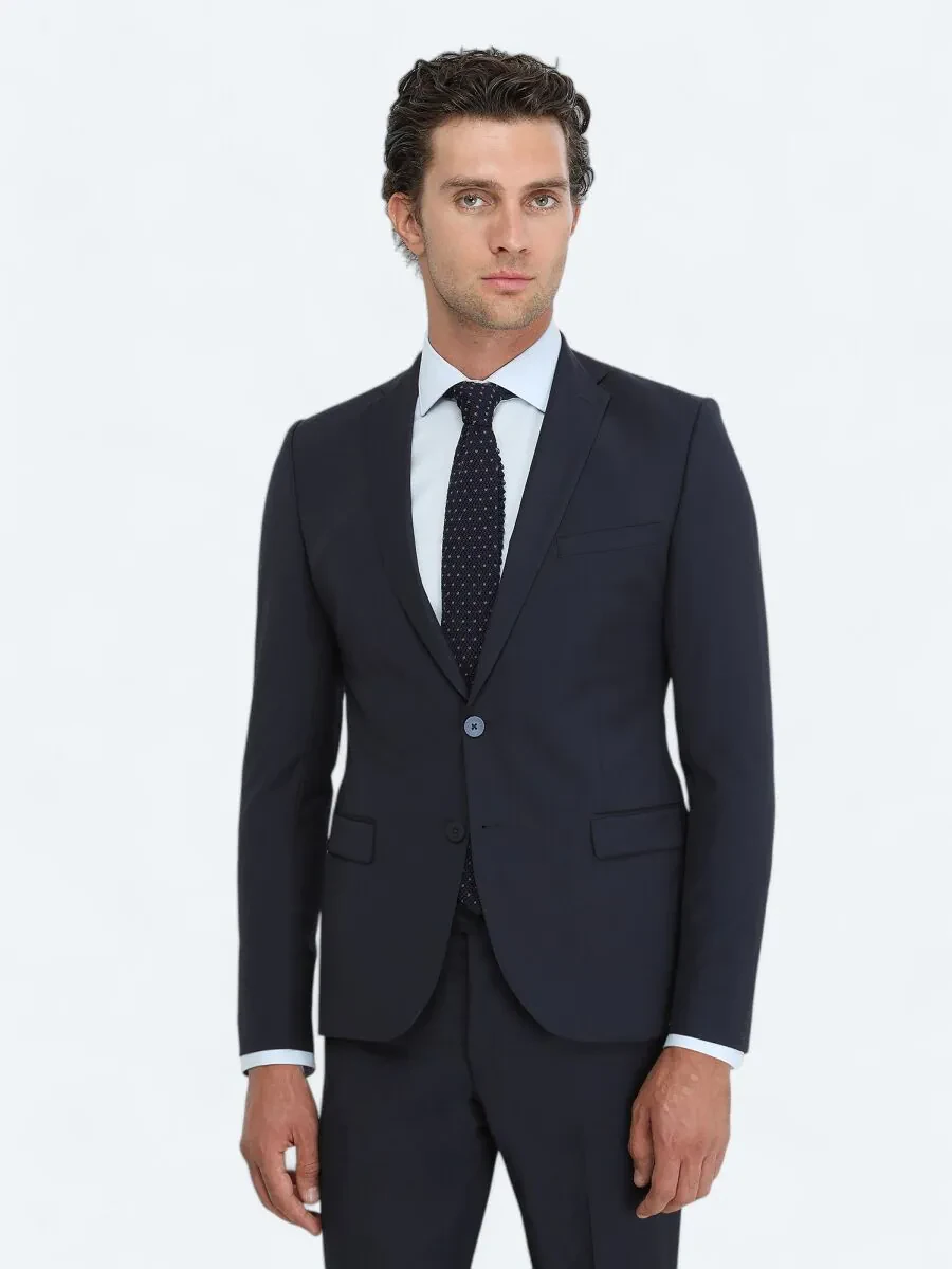 Navy Blue Plain Slim Fit Wool Blended Suit - 4