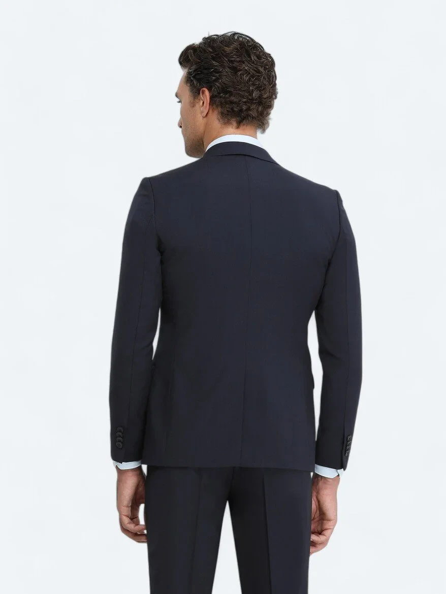 Navy Blue Plain Slim Fit Wool Blended Suit - 5