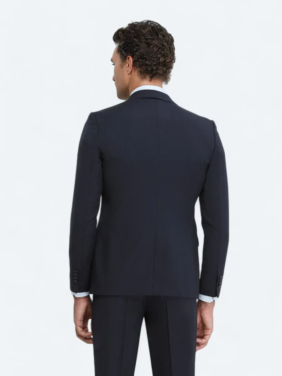 Navy Blue Plain Slim Fit Wool Blended Suit - 5
