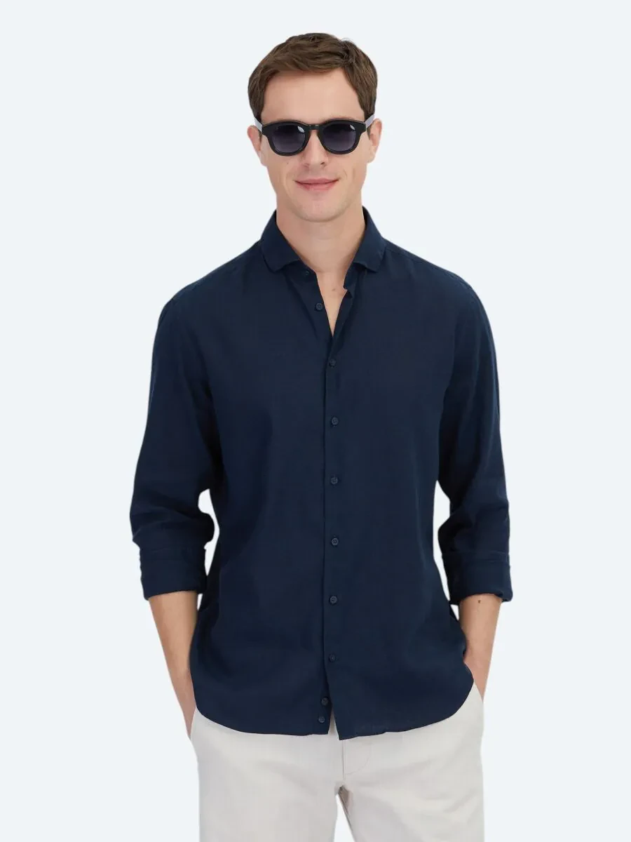 Navy Blue Plain Weaving Casual Cotton Blended Shirt - 1