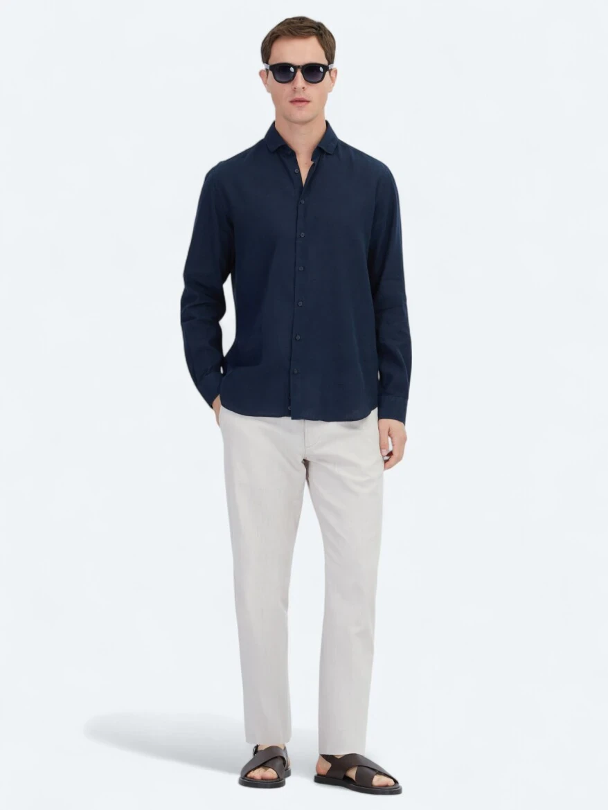 Navy Blue Plain Weaving Casual Cotton Blended Shirt - 2