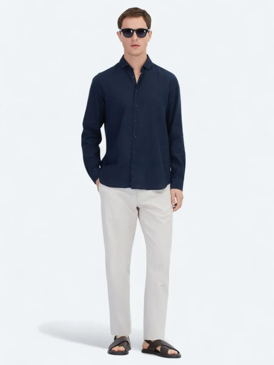 Navy Blue Plain Weaving Casual Cotton Blended Shirt - 2
