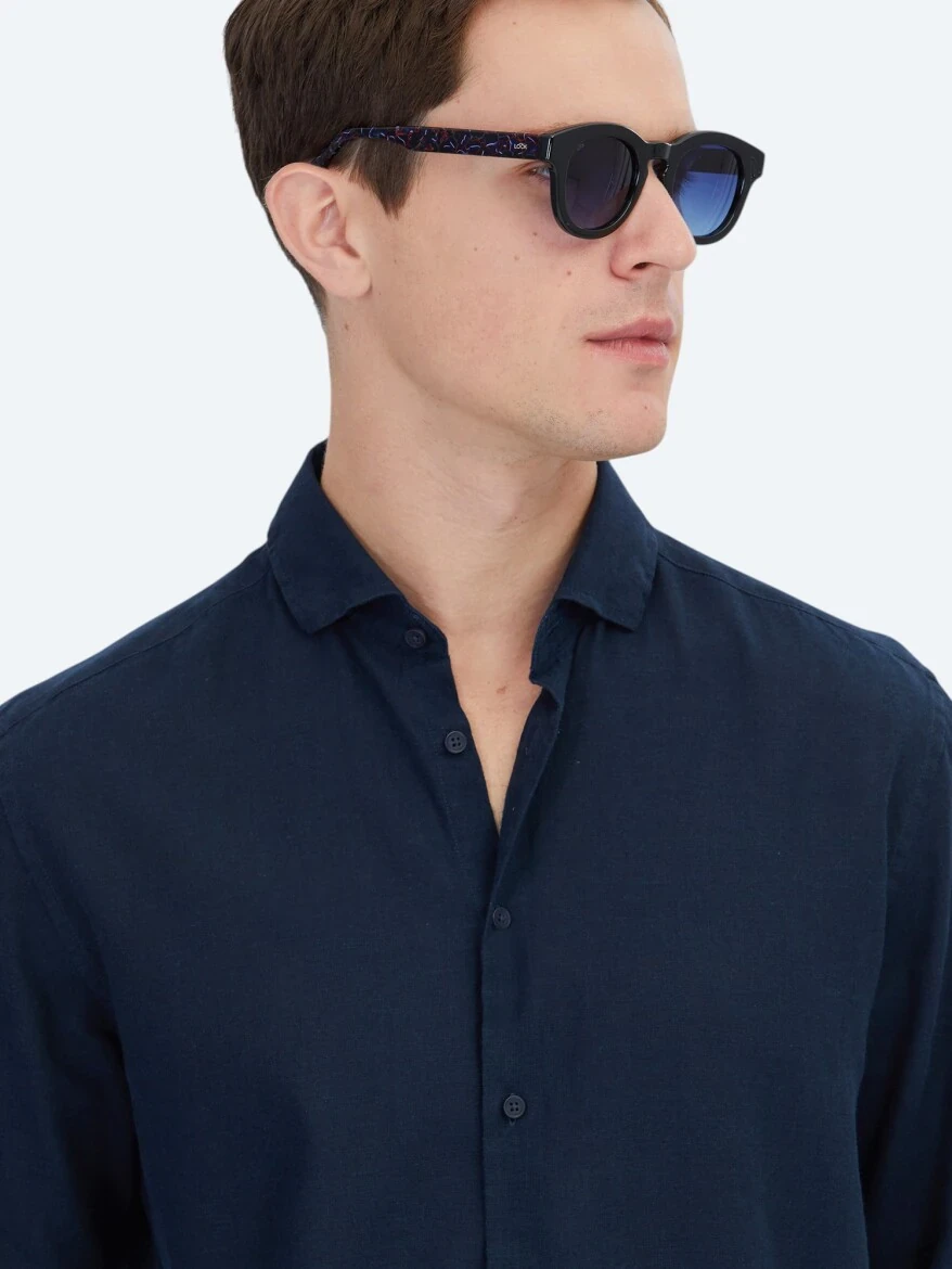 Navy Blue Plain Weaving Casual Cotton Blended Shirt - 3