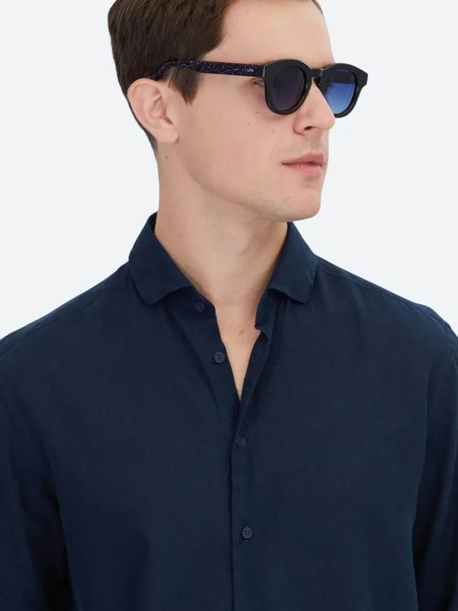 Navy Blue Plain Weaving Casual Cotton Blended Shirt - 3
