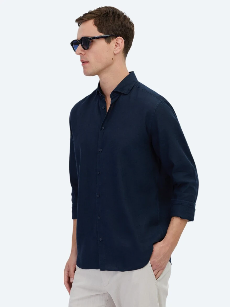 Navy Blue Plain Weaving Casual Cotton Blended Shirt 