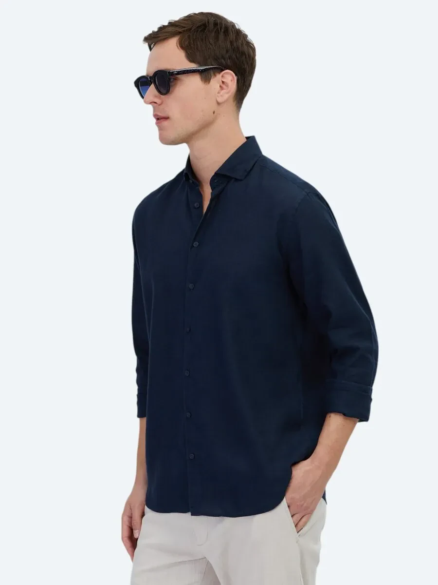Navy Blue Plain Weaving Casual Cotton Blended Shirt - 4