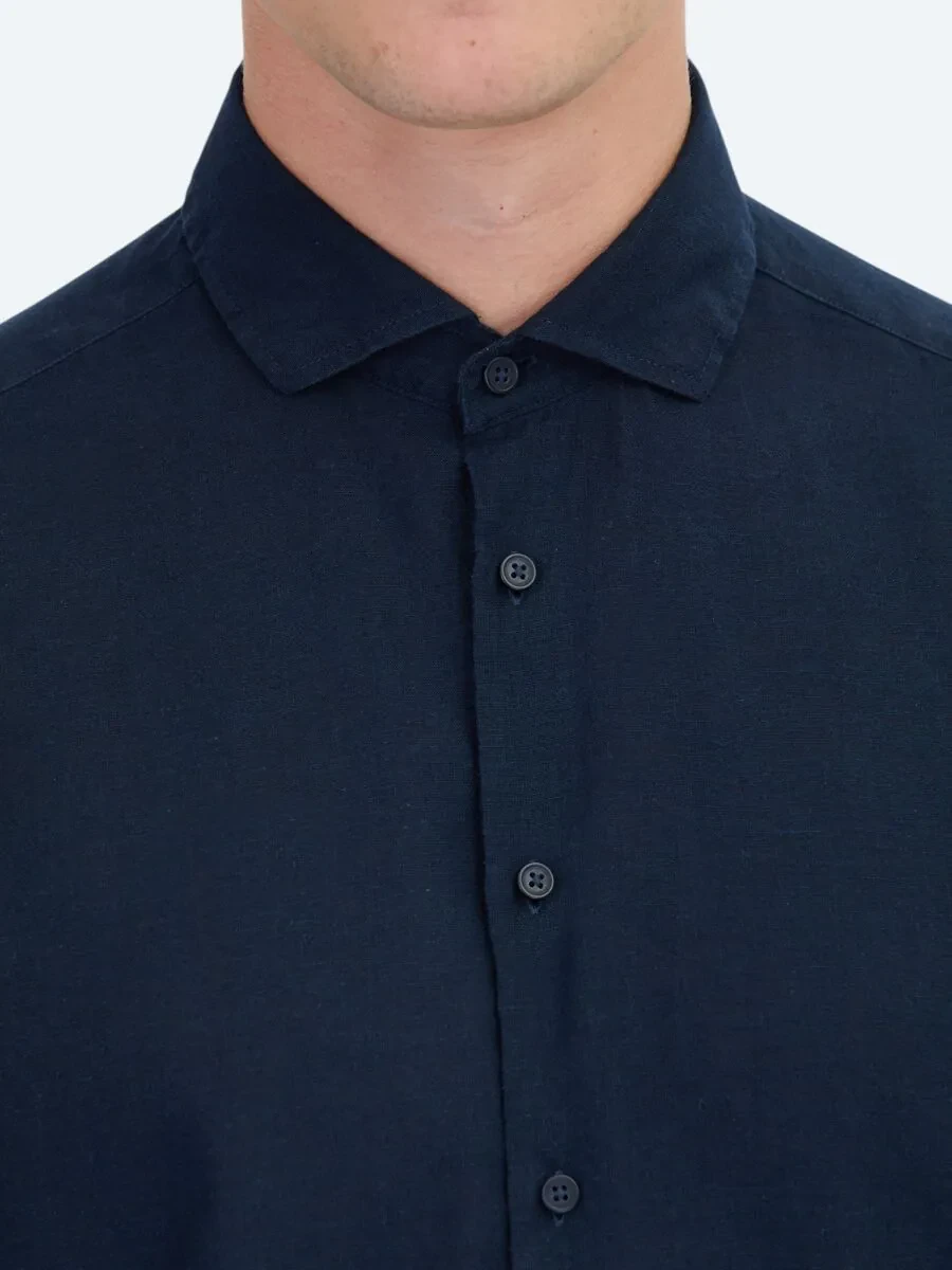 Navy Blue Plain Weaving Casual Cotton Blended Shirt - 5