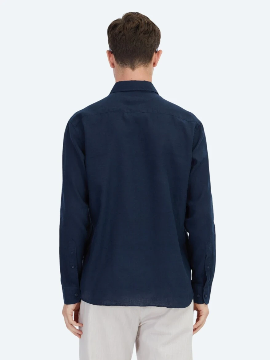 Navy Blue Plain Weaving Casual Cotton Blended Shirt - 6
