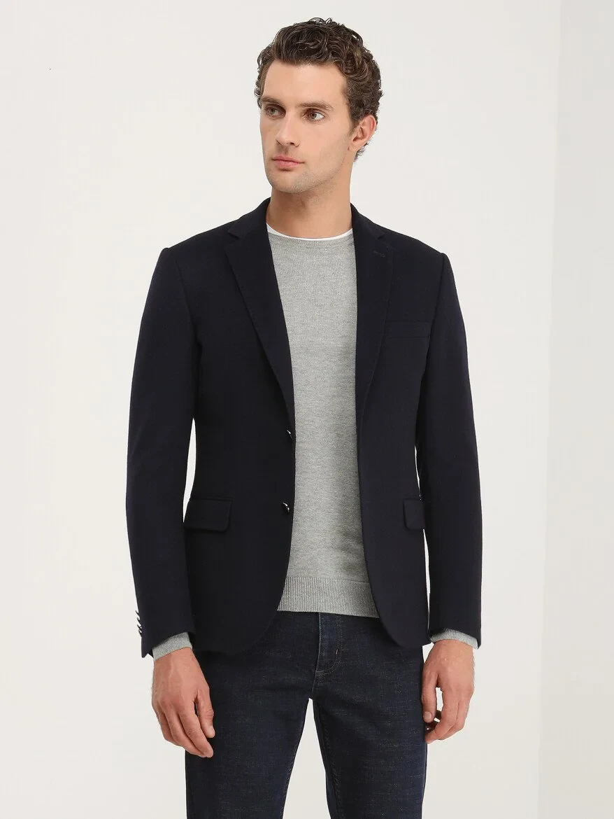Navy Blue Plain Wool Blended Jacket - 1