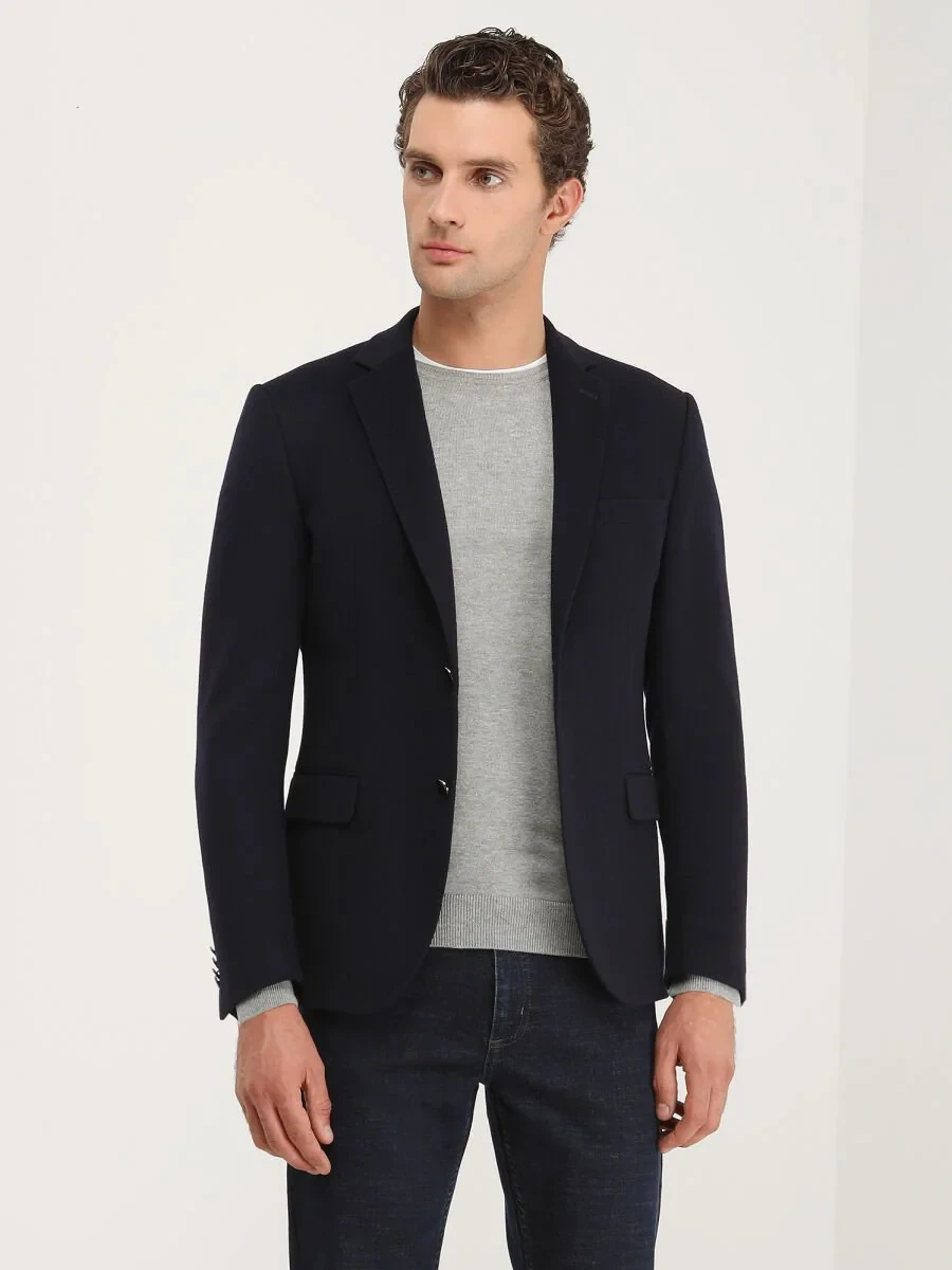 Navy Blue Plain Wool Blended Jacket - 1