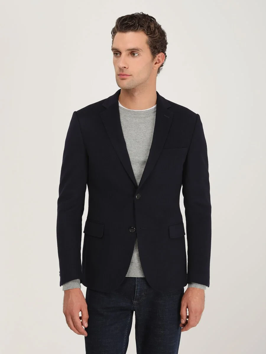 Navy Blue Plain Wool Blended Jacket - 2