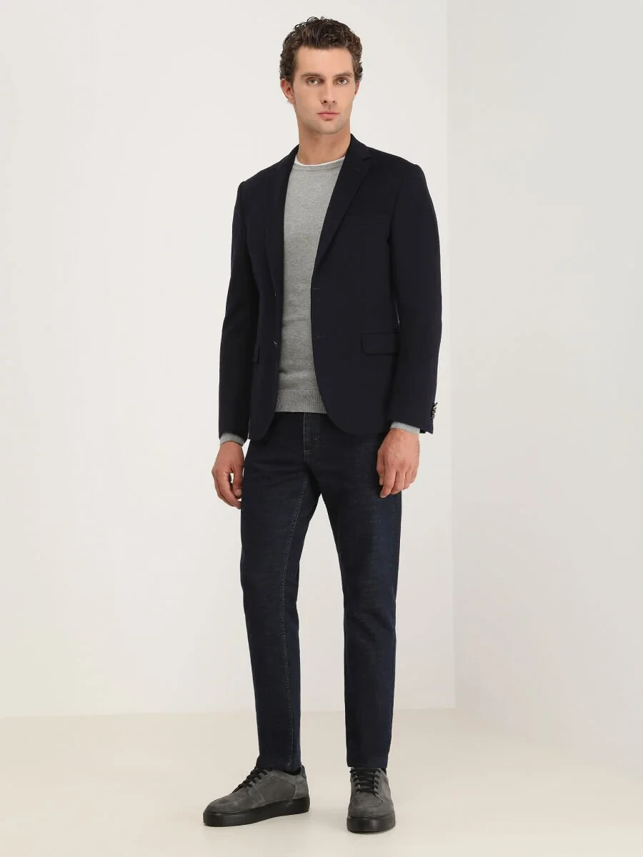 Navy Blue Plain Wool Blended Jacket - 3