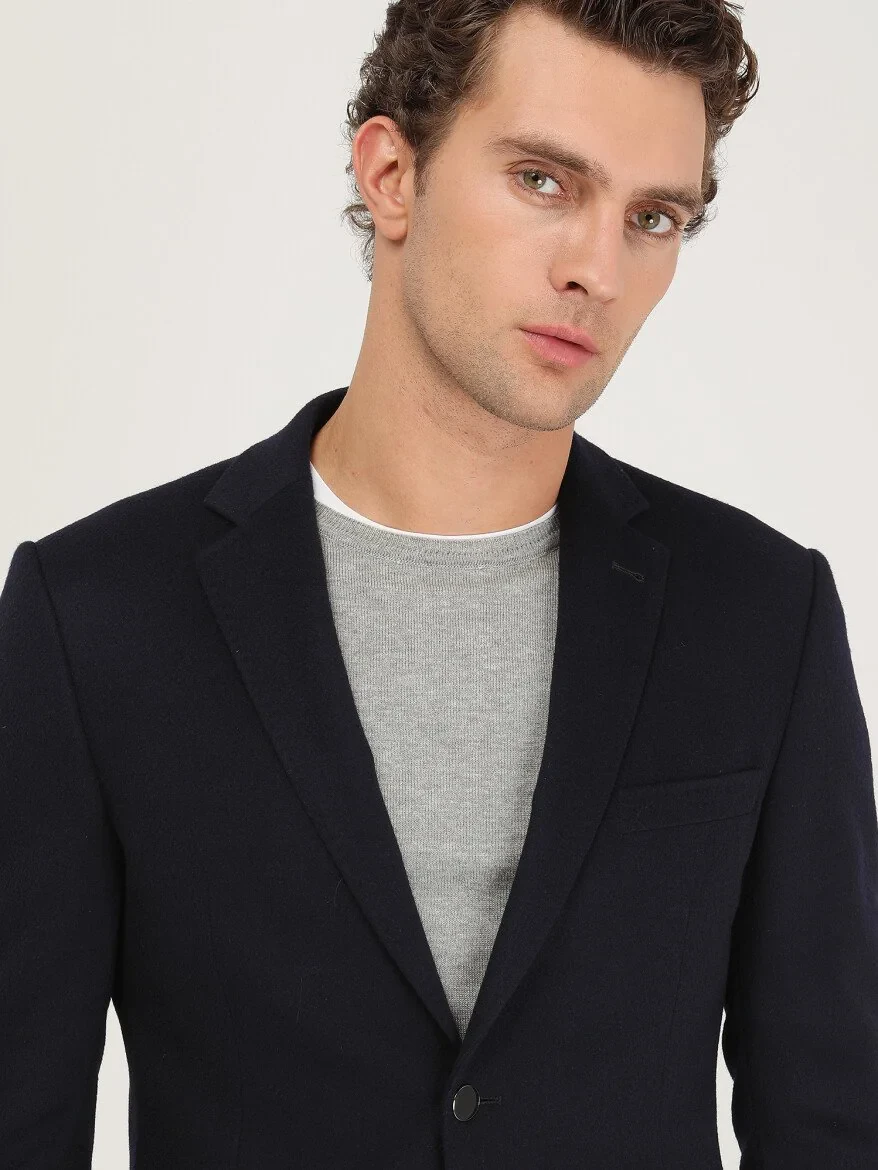 Navy Blue Plain Wool Blended Jacket - 4