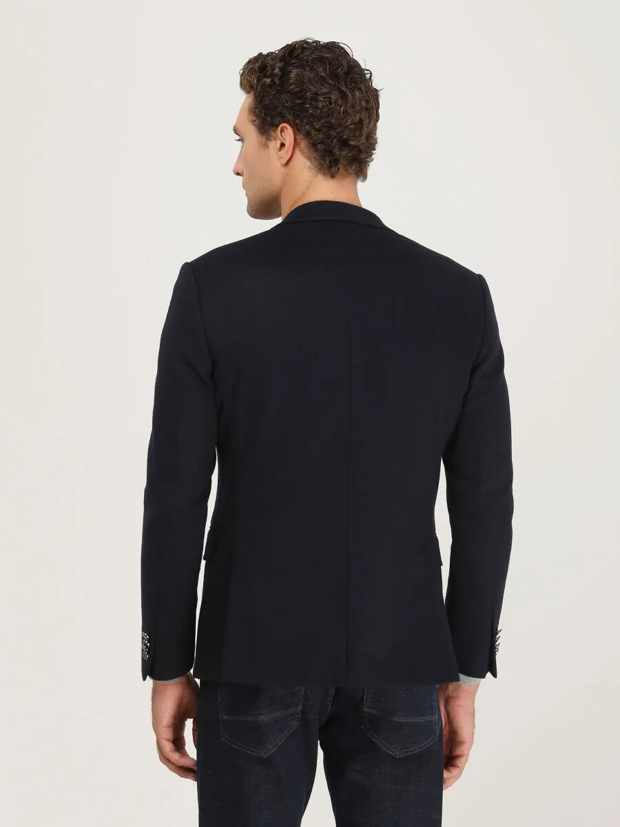 Navy Blue Plain Wool Blended Jacket - 5
