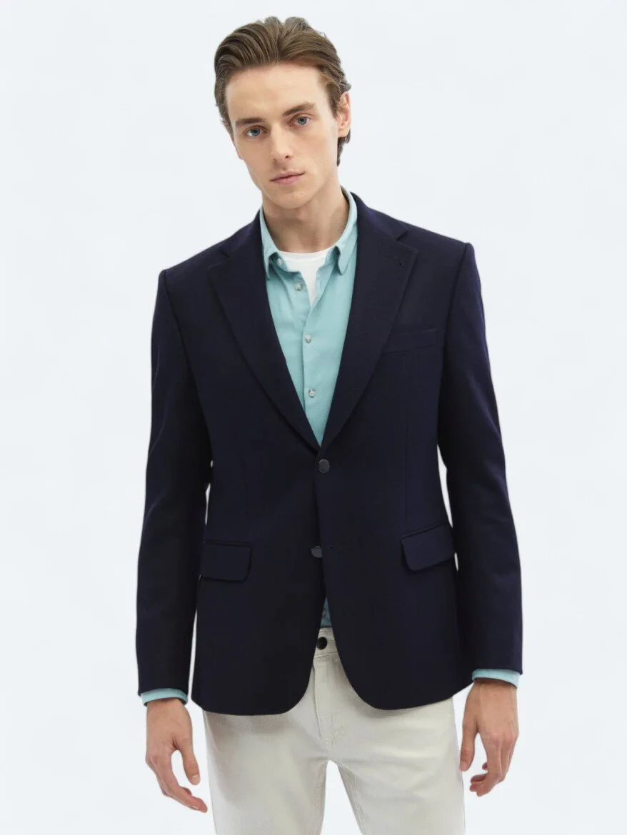 Navy Blue Plain Wool Blended Jacket - 1