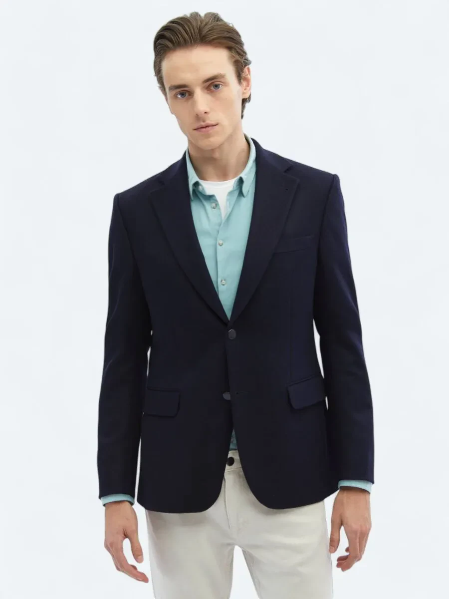 Navy Blue Plain Wool Blended Jacket - 1