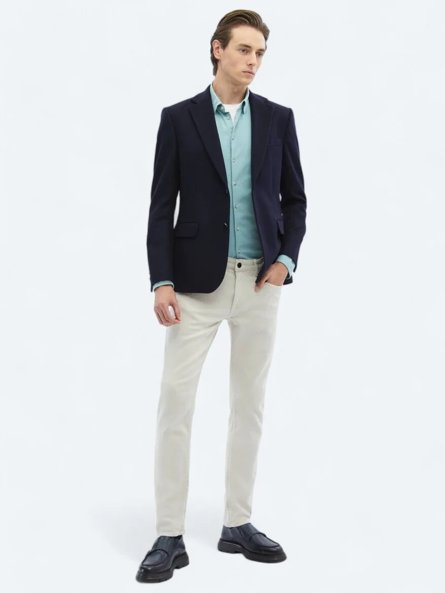 Navy Blue Plain Wool Blended Jacket - 2