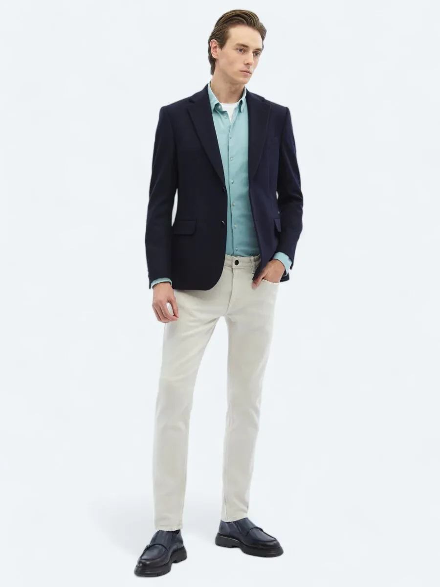 Navy Blue Plain Wool Blended Jacket - 2