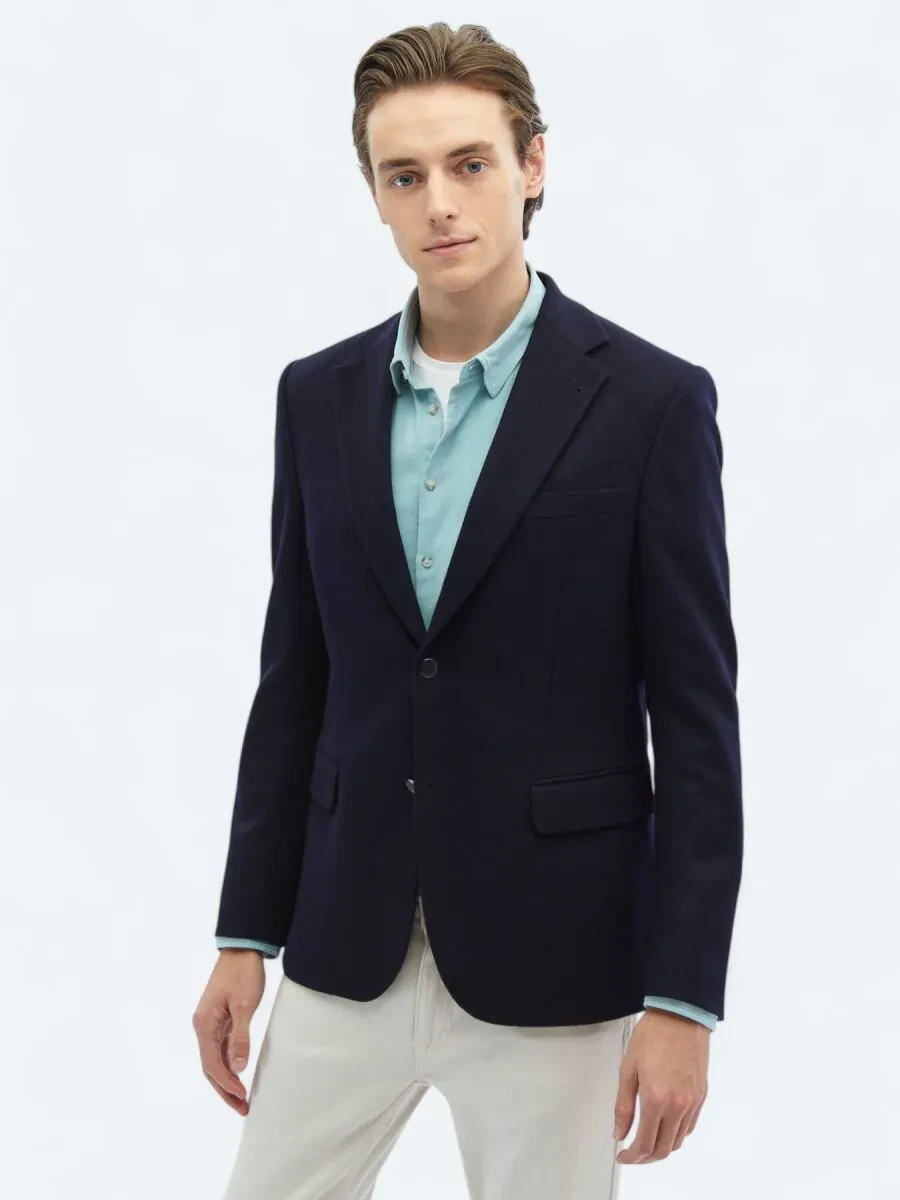 Navy Blue Plain Wool Blended Jacket - 3