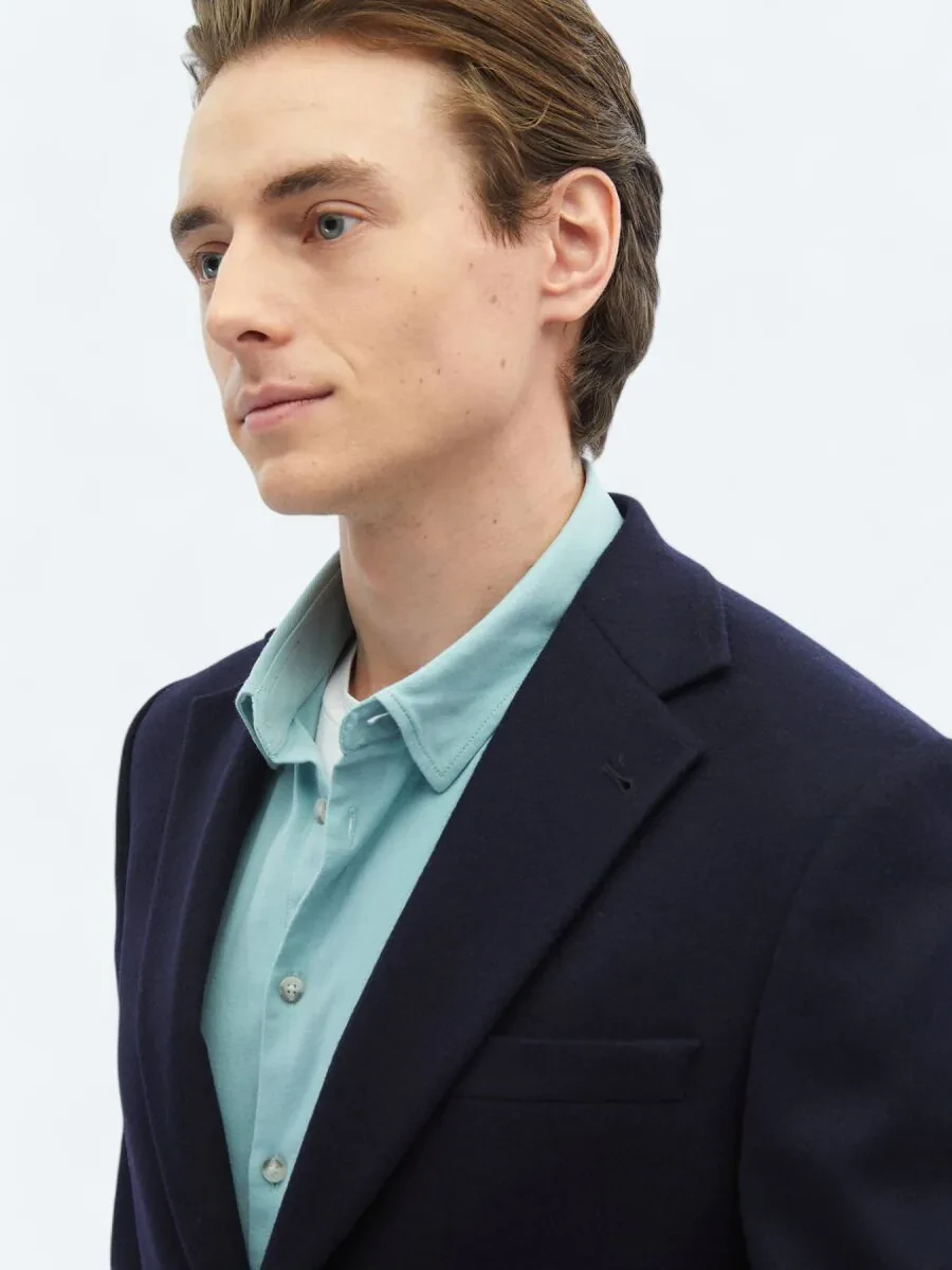 Navy Blue Plain Wool Blended Jacket - 4