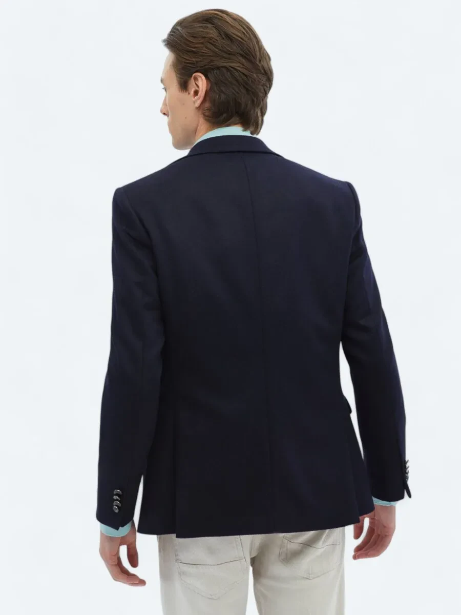 Navy Blue Plain Wool Blended Jacket - 7