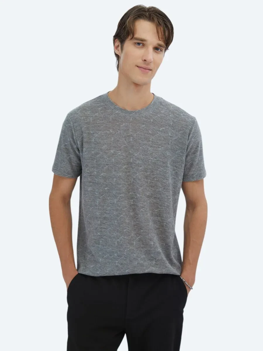 Navy Blue Printed Crew Neck Cotton Blended T-Shirt - 1