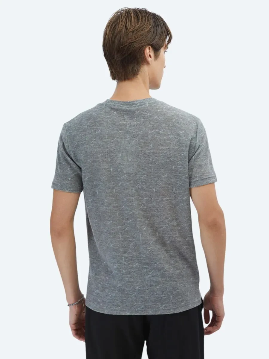 Navy Blue Printed Crew Neck Cotton Blended T-Shirt - 5