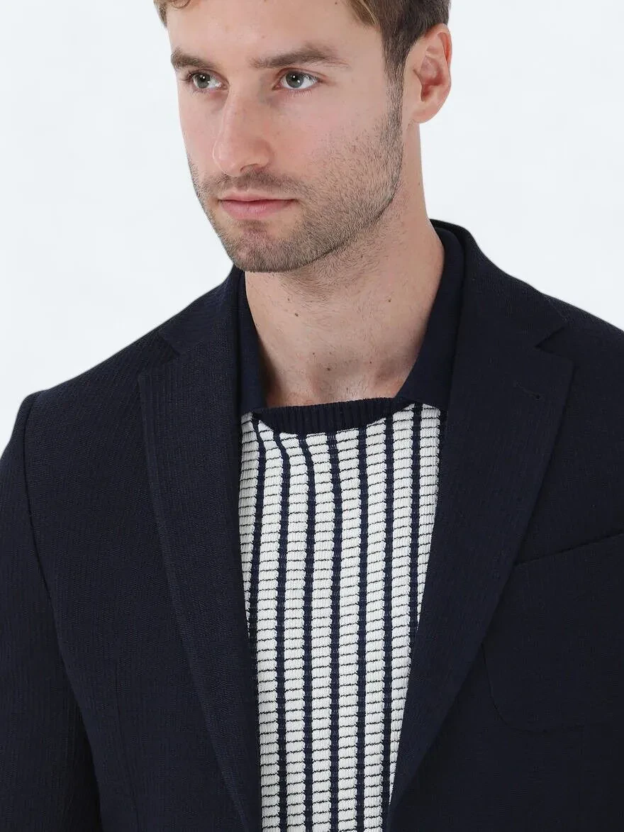 Navy Blue Regular Fit Jacket - 3
