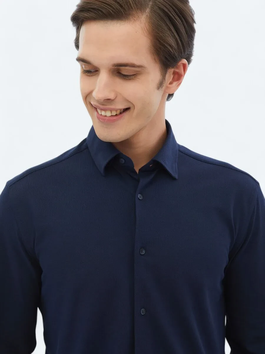 Navy Blue Regular Fit Knitting Casual Cotton Blended Shirt - 3