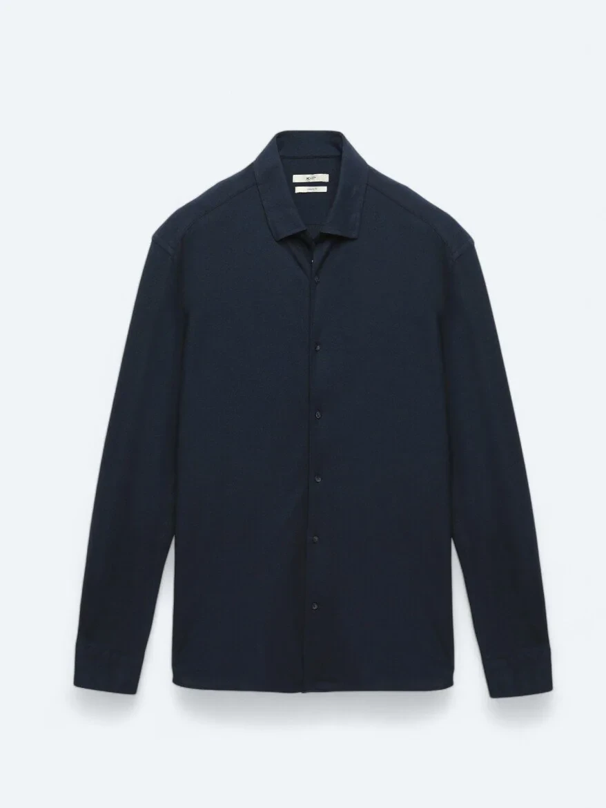 Navy Blue Regular Fit Knitting Casual Cotton Blended Shirt - 6