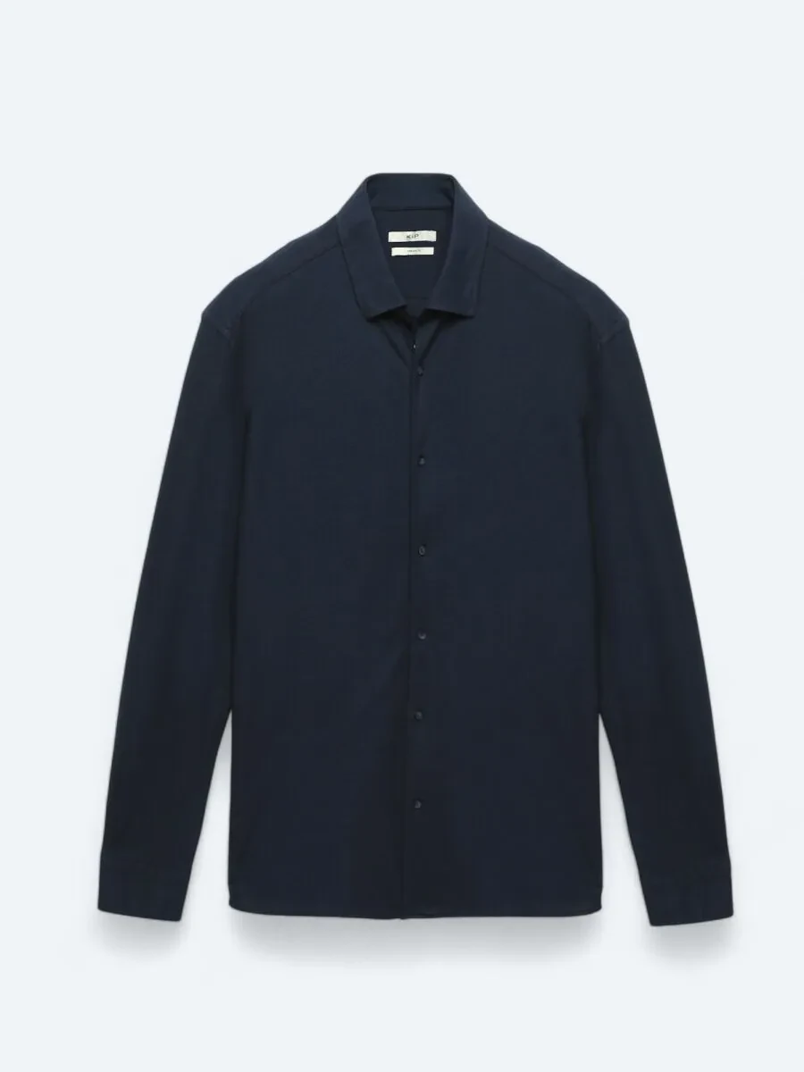 Navy Blue Regular Fit Knitting Casual Cotton Blended Shirt - 6