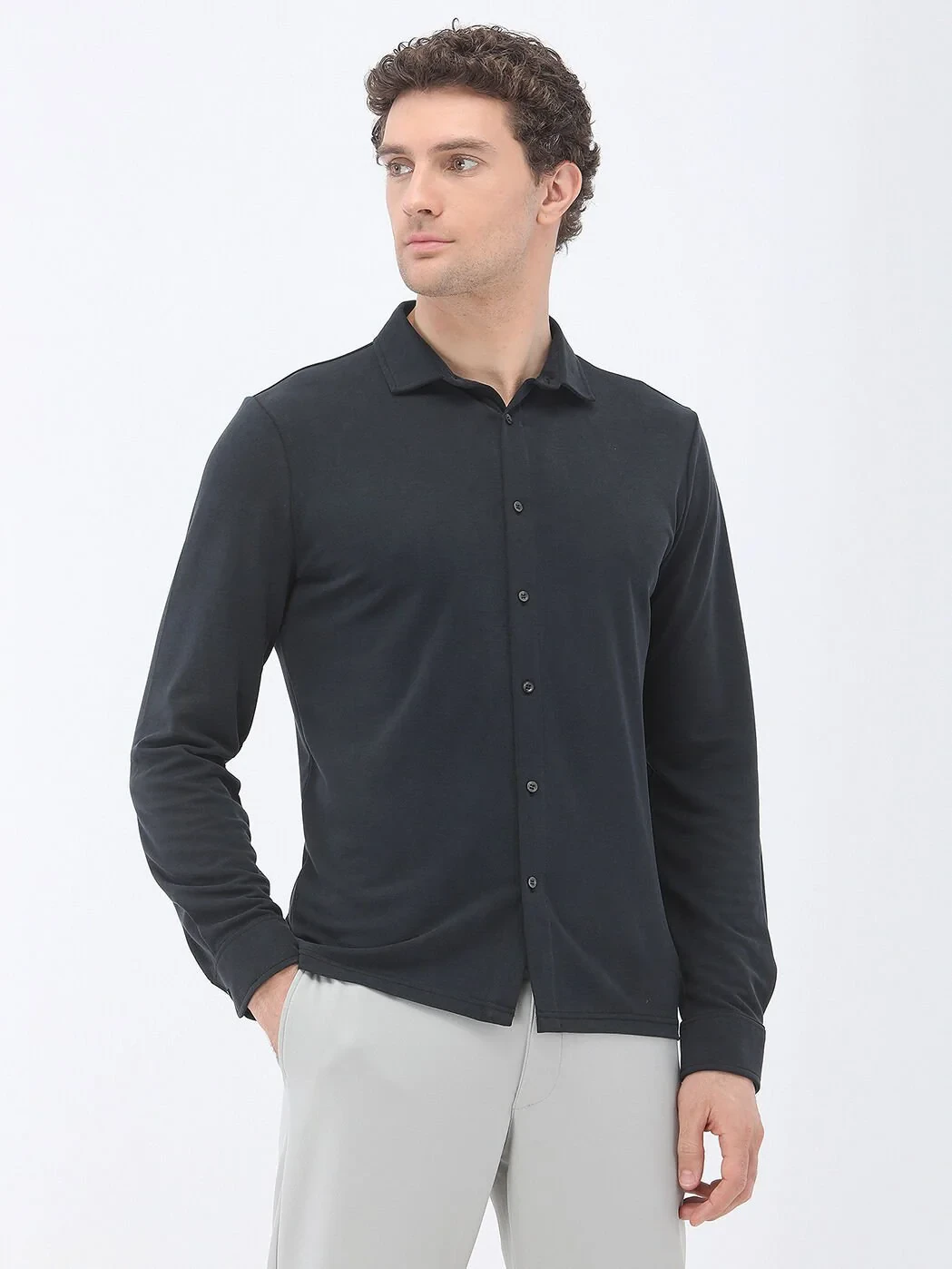 Navy Blue Regular Fit Knitting Casual Shirt - 1