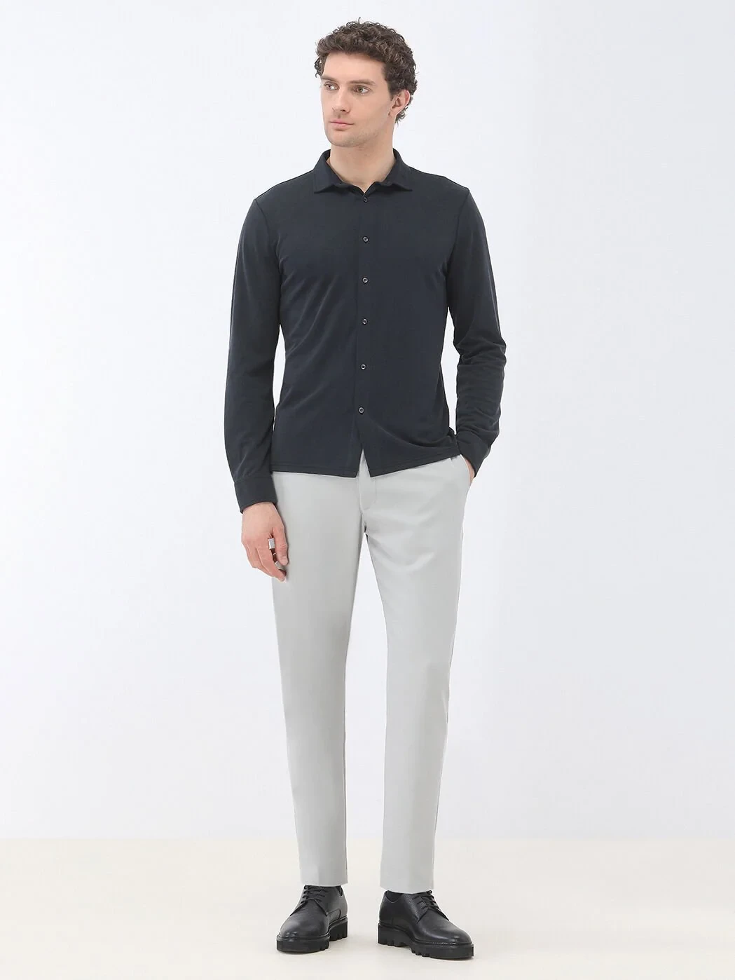 Navy Blue Regular Fit Knitting Casual Shirt - 2