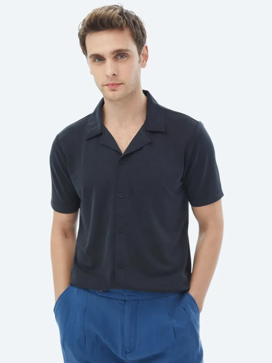 Navy Blue Regular Fit Knitting Casual Shirt - 1