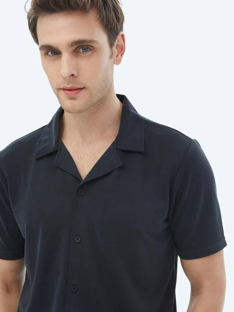 Navy Blue Regular Fit Knitting Casual Shirt - 4