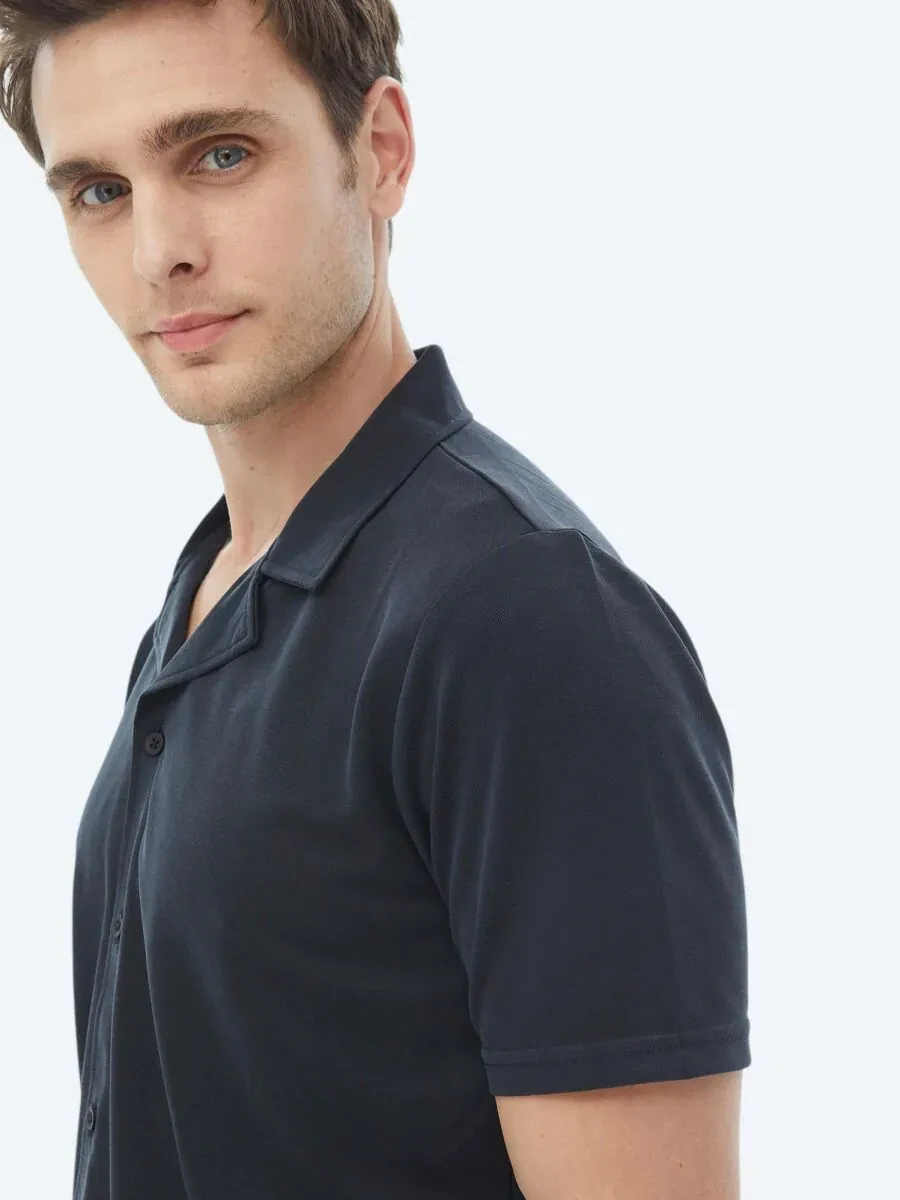 Navy Blue Regular Fit Knitting Casual Shirt - 5