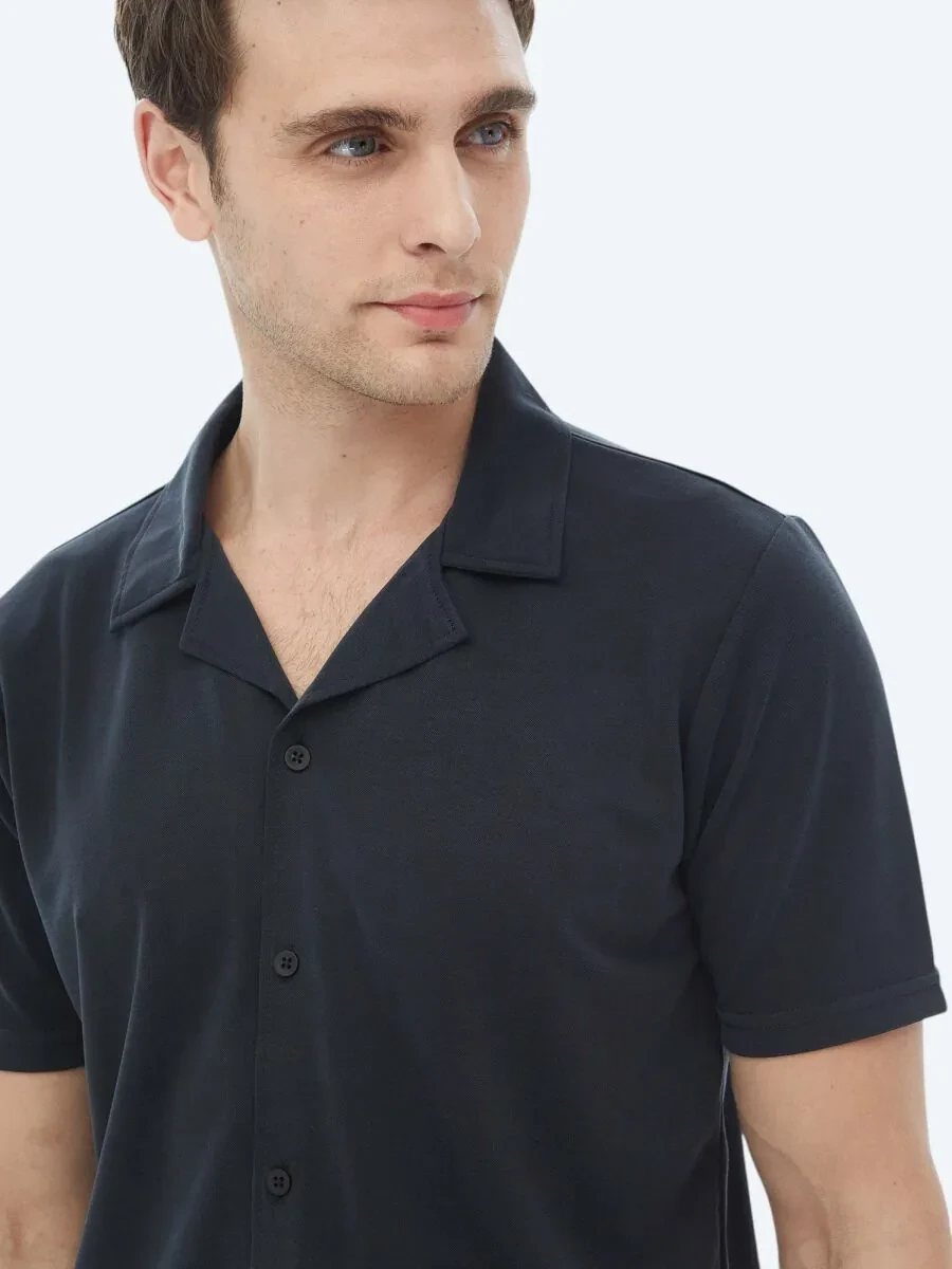 Navy Blue Regular Fit Knitting Casual Shirt - 6