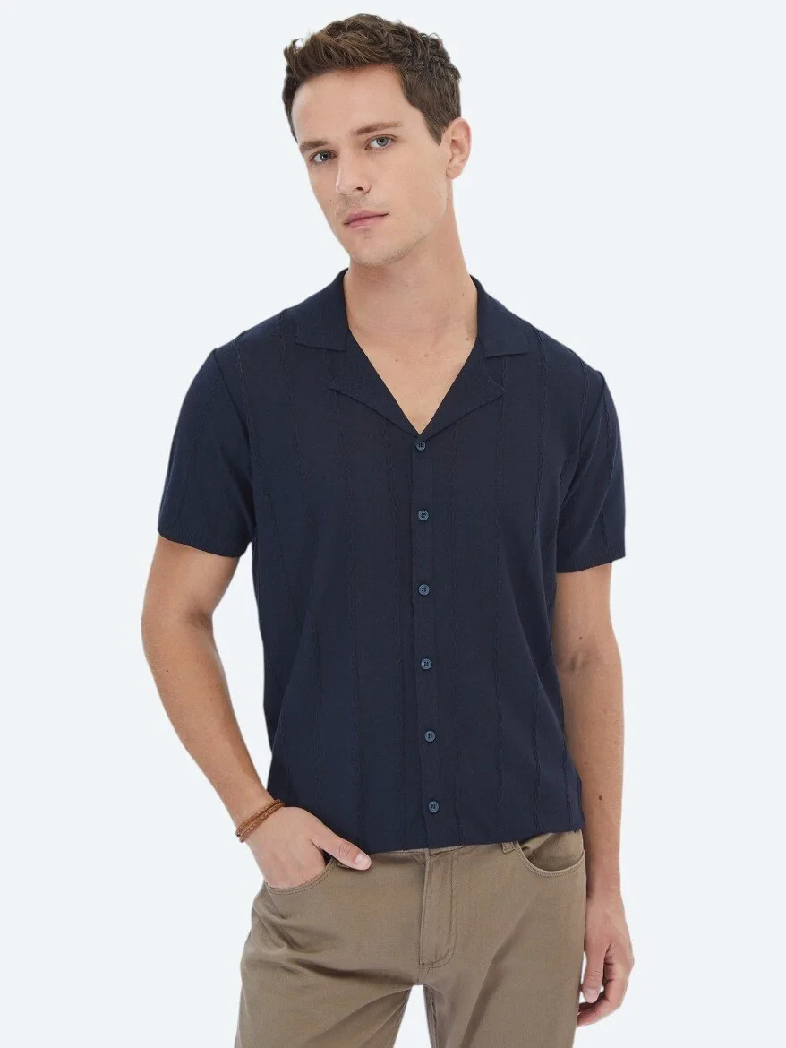 Navy Blue Regular Fit Knitting Casual Shirt - 1
