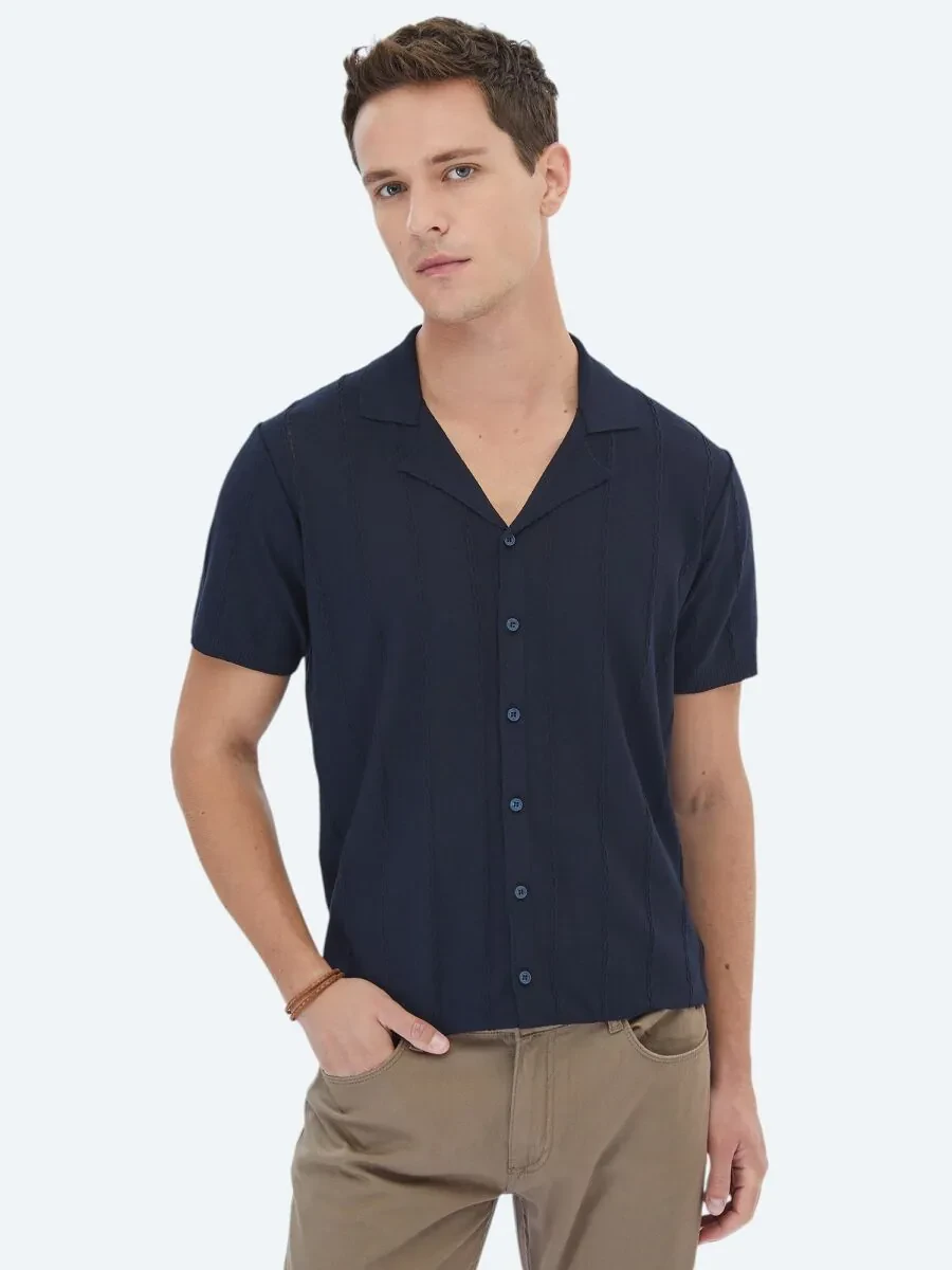 Navy Blue Regular Fit Knitting Casual Shirt - 1