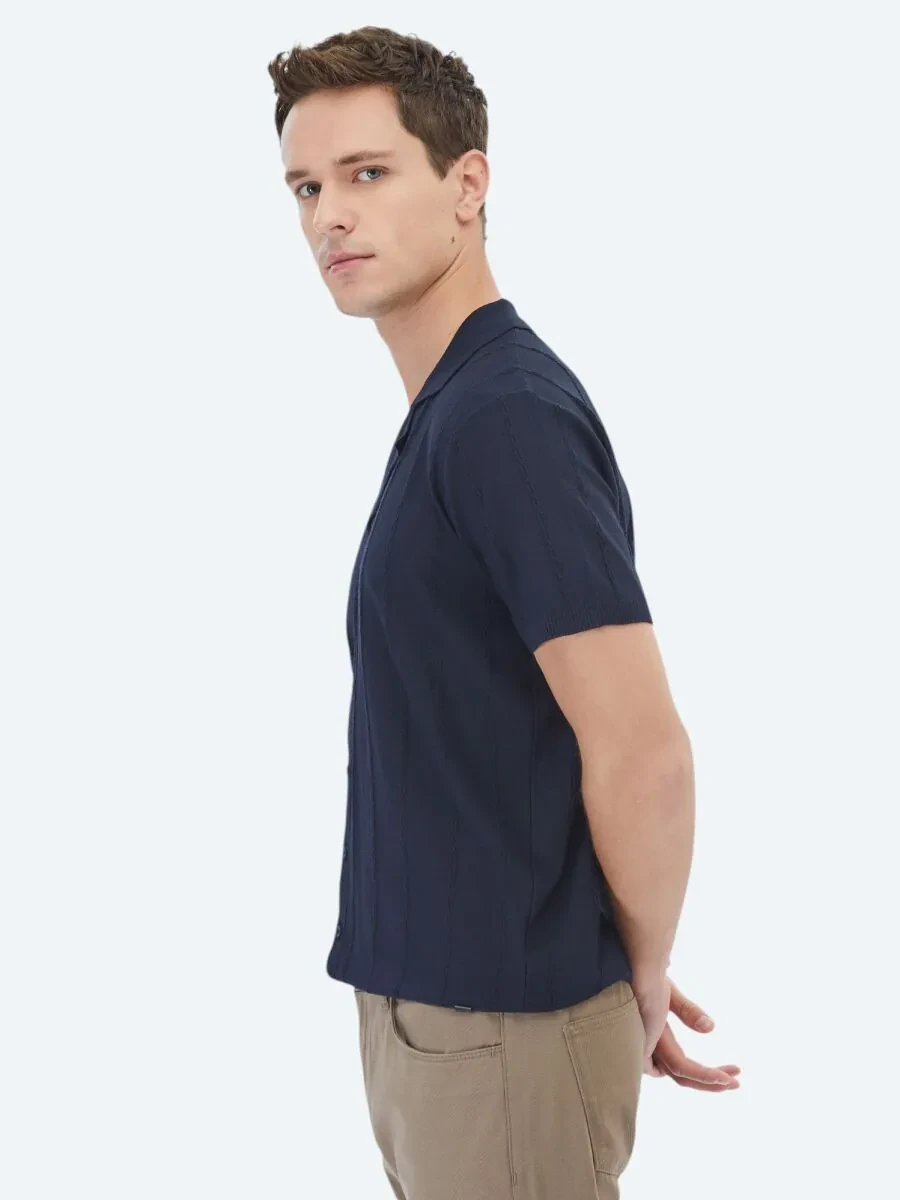 Navy Blue Regular Fit Knitting Casual Shirt - 3
