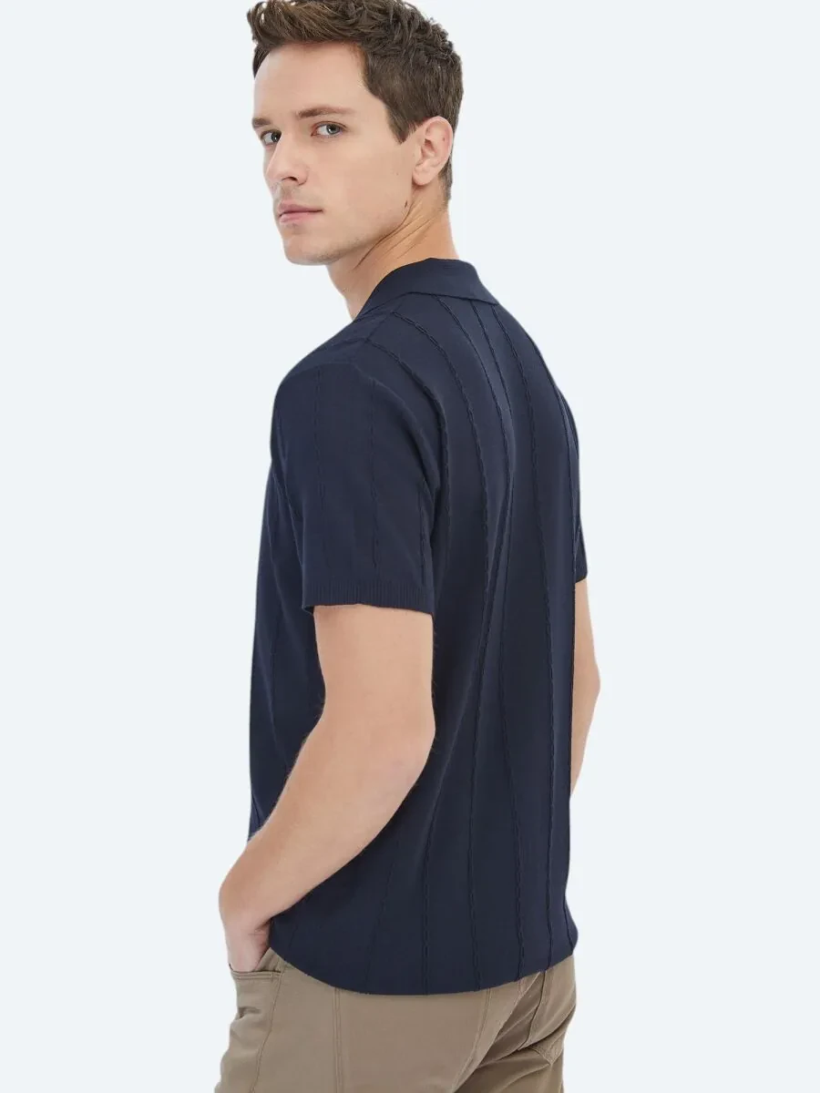 Navy Blue Regular Fit Knitting Casual Shirt - 5