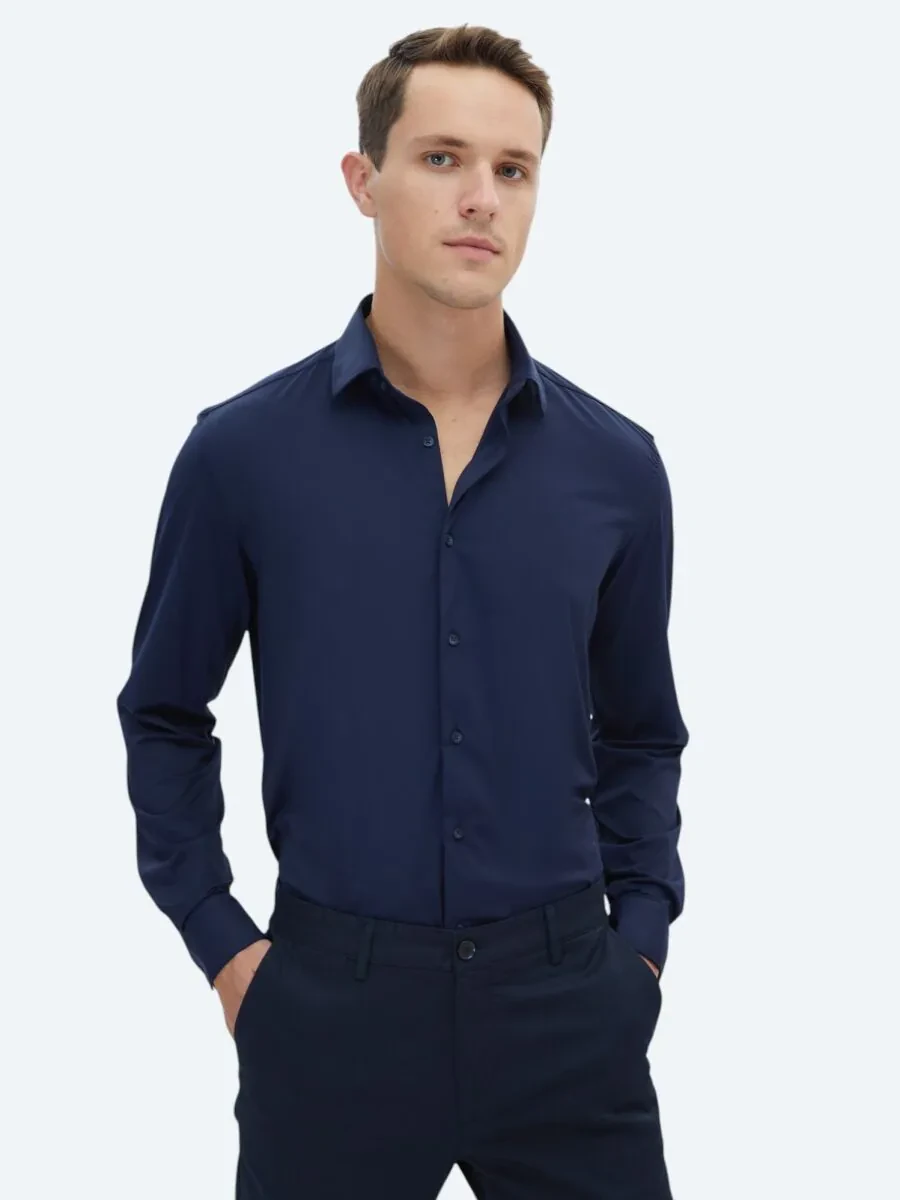 Navy Blue Regular Fit Knitting Casual Shirt - 1