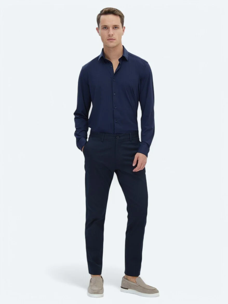 Navy Blue Regular Fit Knitting Casual Shirt - 2