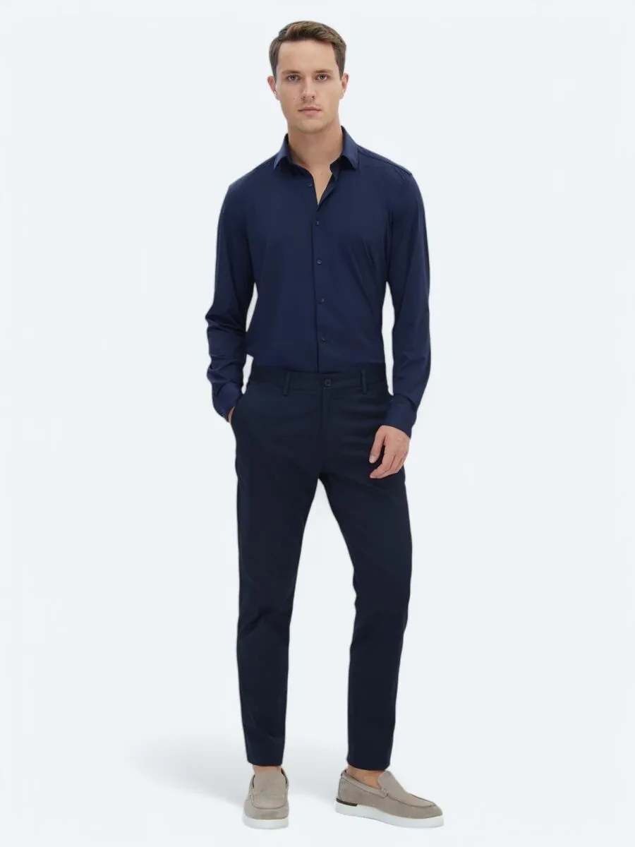 Navy Blue Regular Fit Knitting Casual Shirt - 2