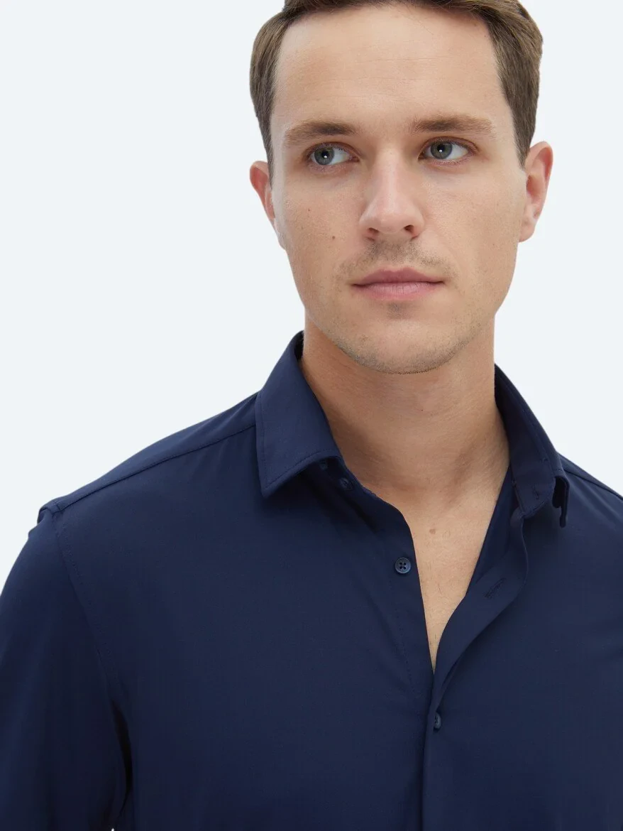 Navy Blue Regular Fit Knitting Casual Shirt - 3