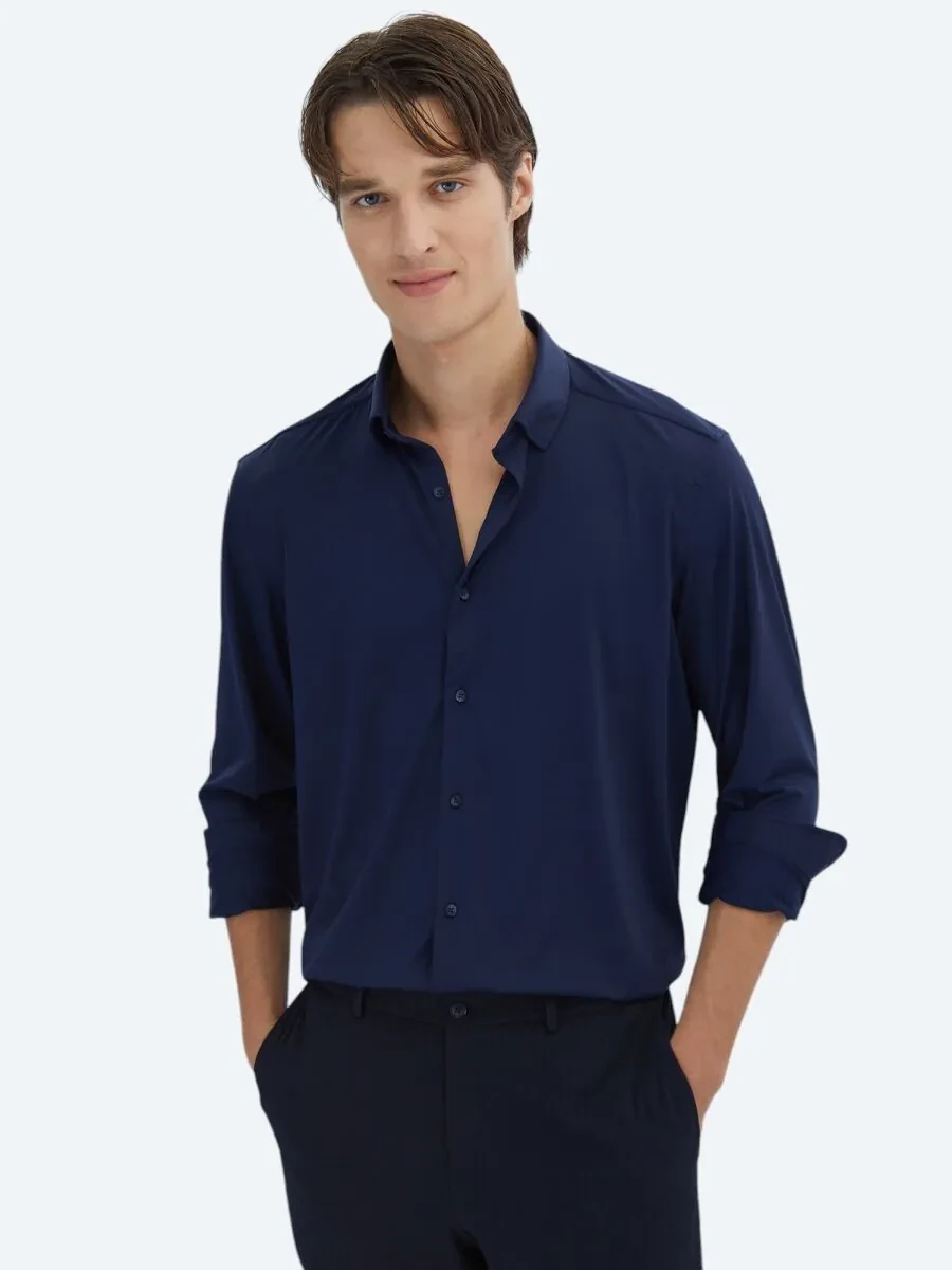 Navy Blue Regular Fit Knitting Casual Shirt - 1